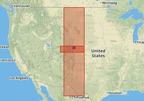 Screenshot showing difference between the two sizes of bounding boxes identified above.  The smaller region fits entirely within Colorado's borders while the larger region spans from Canada on the north down into Mexico on the south.