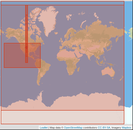 Screenshot the 14 SRIDs with bounding boxes containing Fort Collins, Colorado.  The resulting image is overlapping red boxes, some covering the entire world's extents.