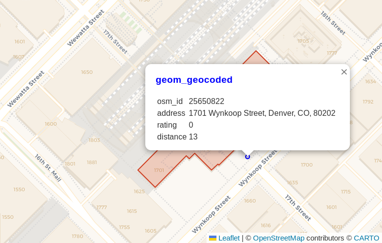 Screenshot showing the source polygon for Union Station next to the geocoded point using the street address and the PostGIS Geocoder function.