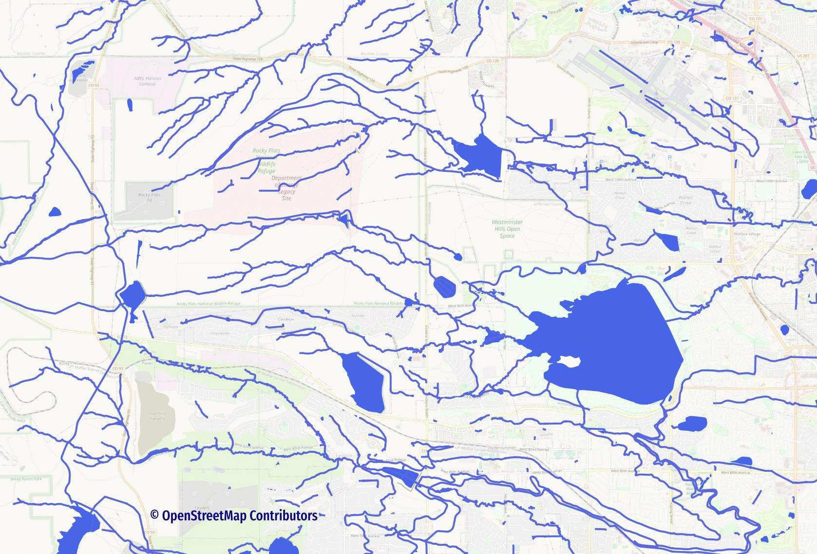 Animated image showing an area northwest of Denver, Colorado with a few large reservoirs (polygons) connected by waterways (lines).  The animation shows the impact of taking these large polygons out of the routing equation, many important route options disappear.